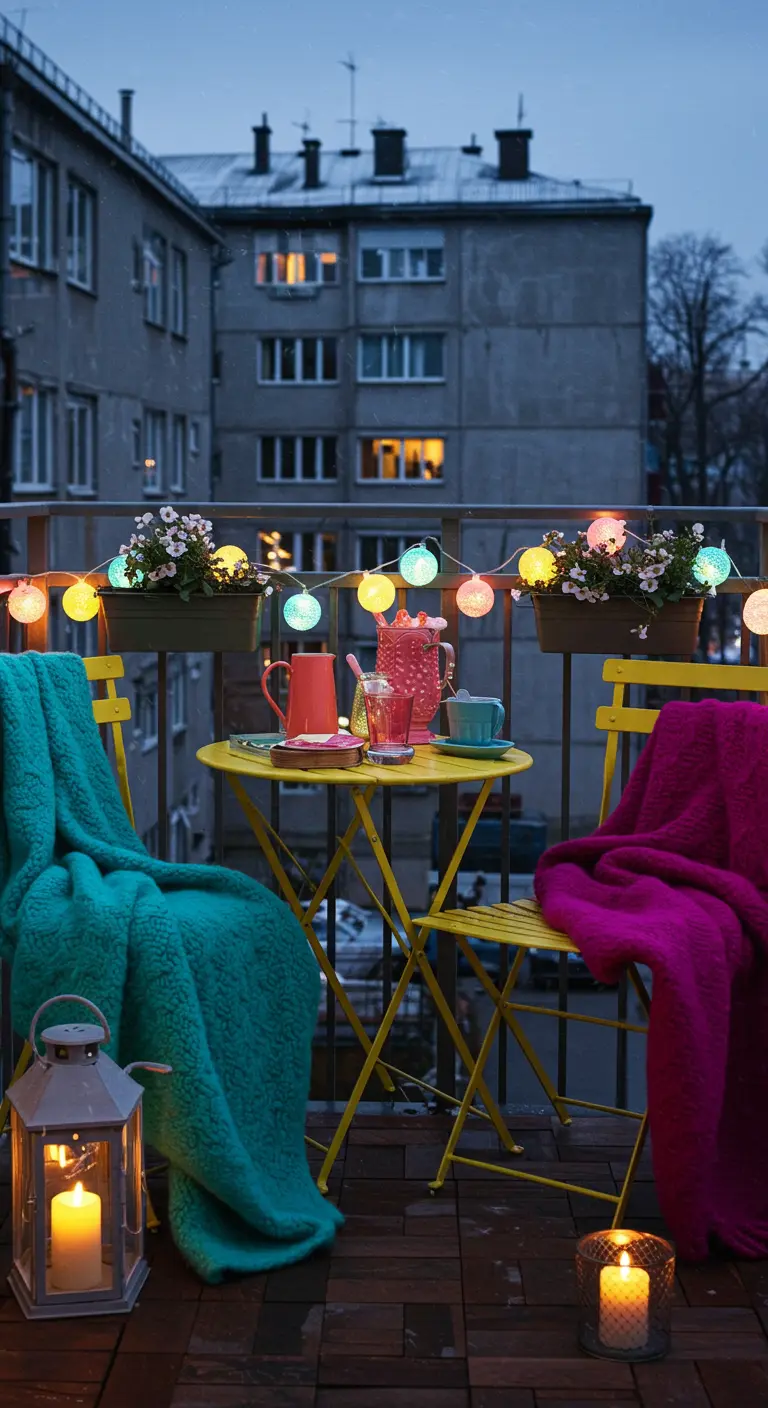 Table de bistrot jaune avec des plaids colorés et une guirlande lumineuse multicolore.