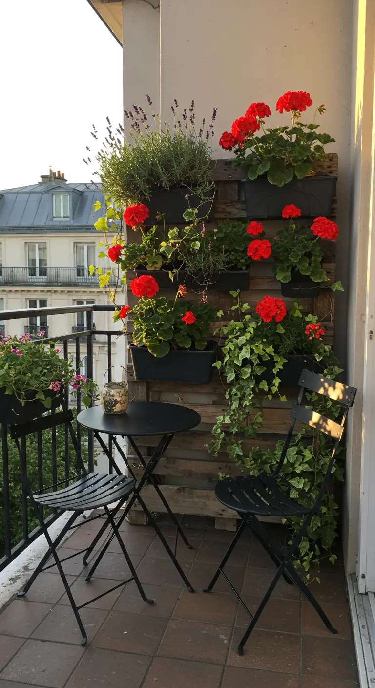 Mur végétal DIY sur palette avec géraniums rouges et lavande sur un balcon parisien.