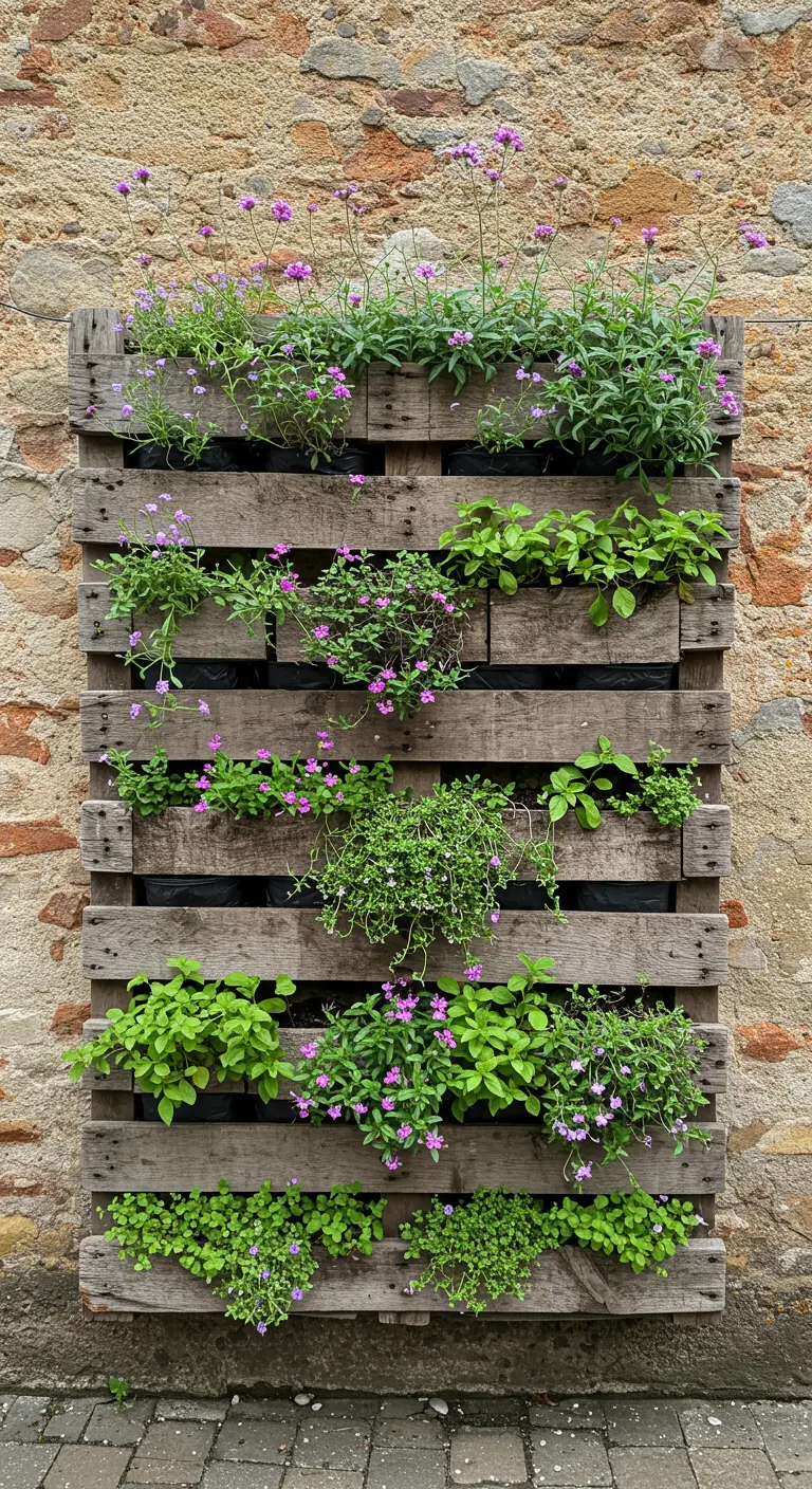 Palette en bois recyclée en jardin vertical contre un mur, avec des fleurs et des herbes.