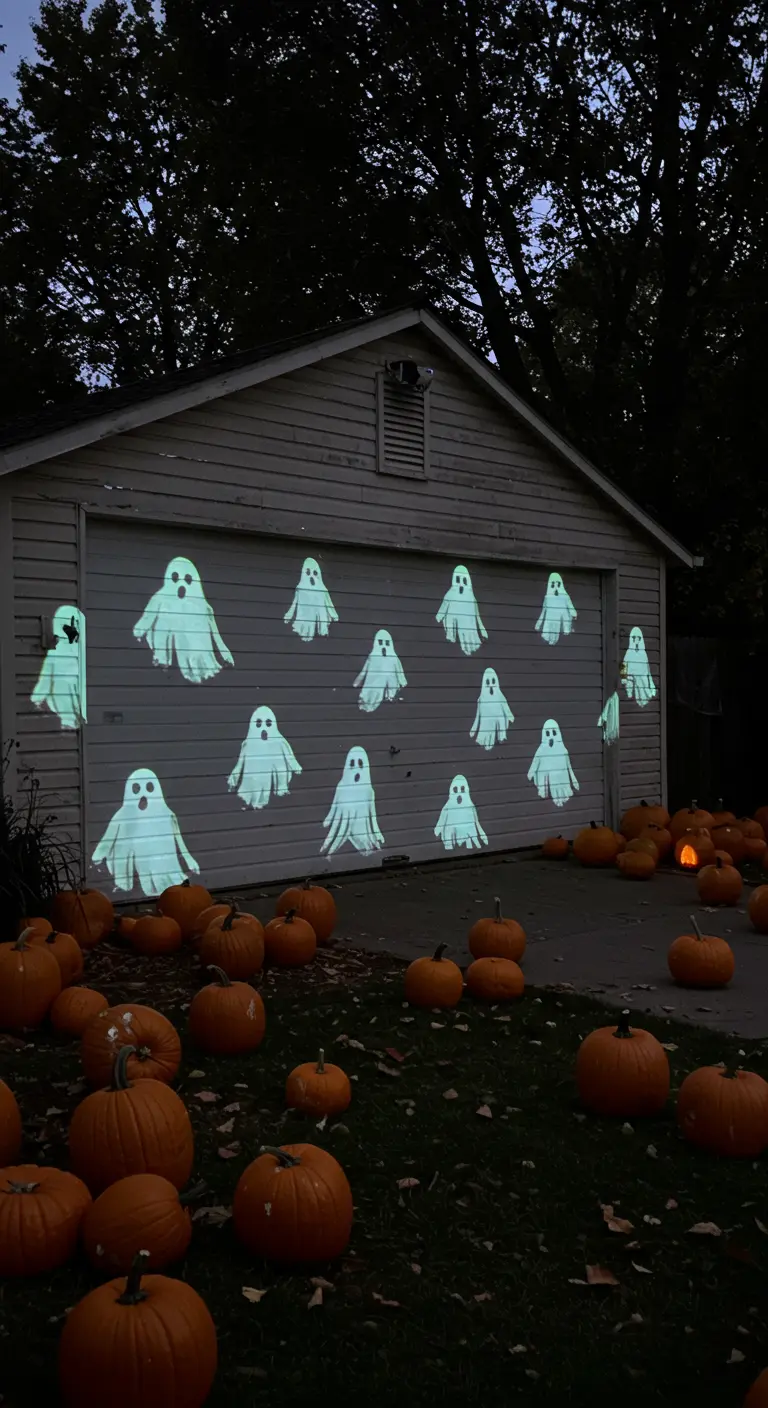 Fantômes lumineux projetés sur une porte de garage, avec des citrouilles au premier plan.