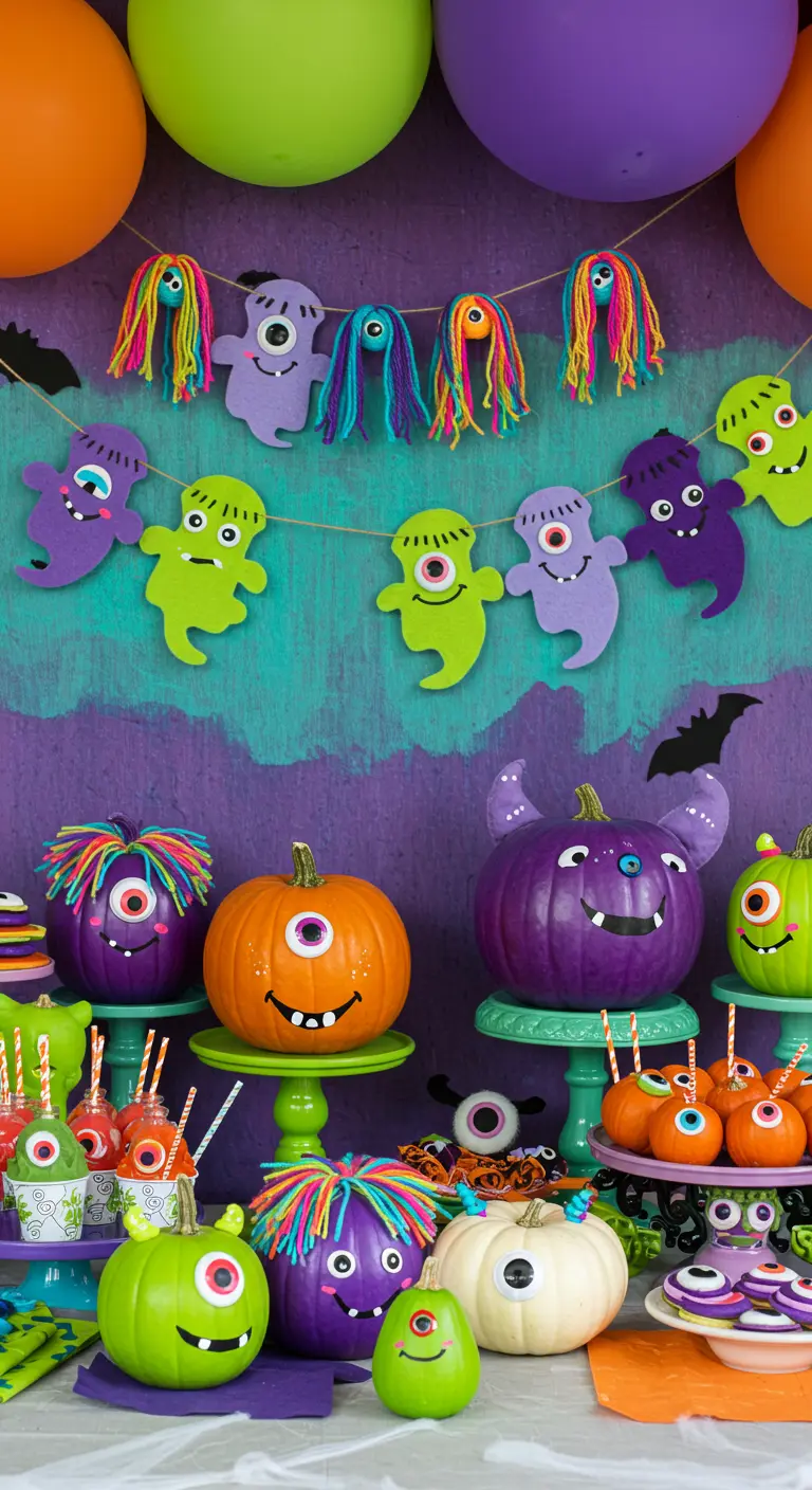 Buffet d'Halloween coloré sur le thème des monstres avec des citrouilles décorées.