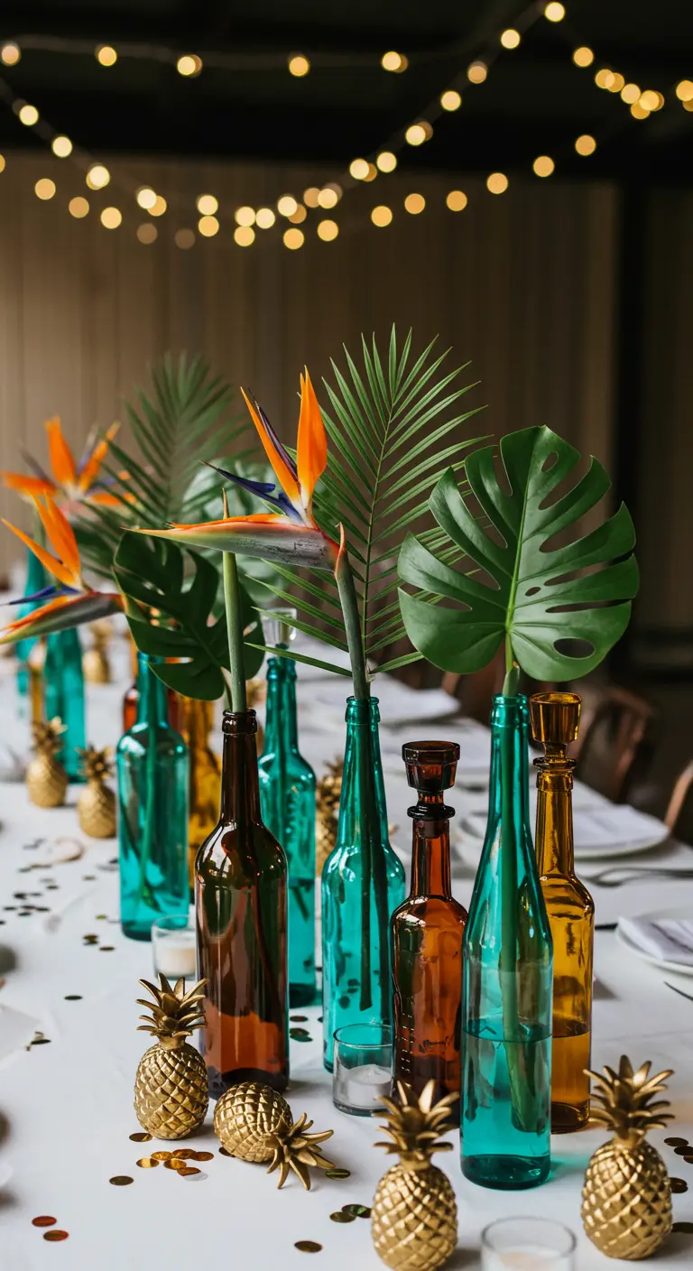 Rangée de bouteilles en verre coloré avec des fleurs oiseau de paradis.