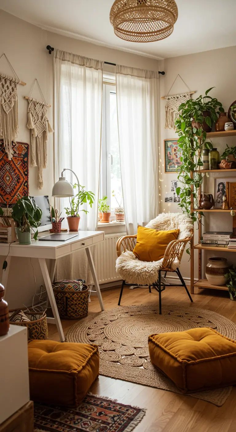 Bureau bohème avec suspensions en macramé, plantes, coussins de sol jaunes et tapis en jute.