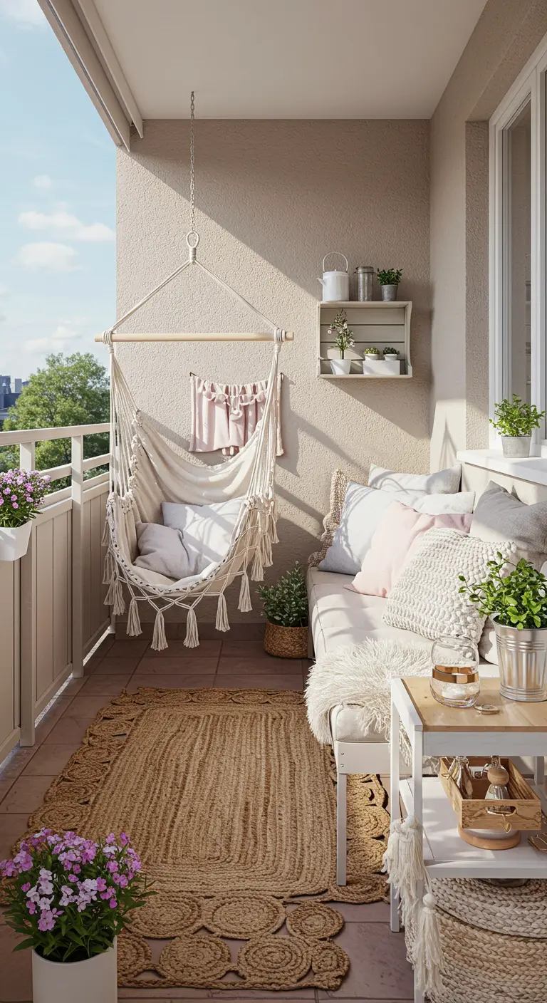 Balcon bohème avec un fauteuil hamac suspendu, un tapis en jute et des coussins clairs.