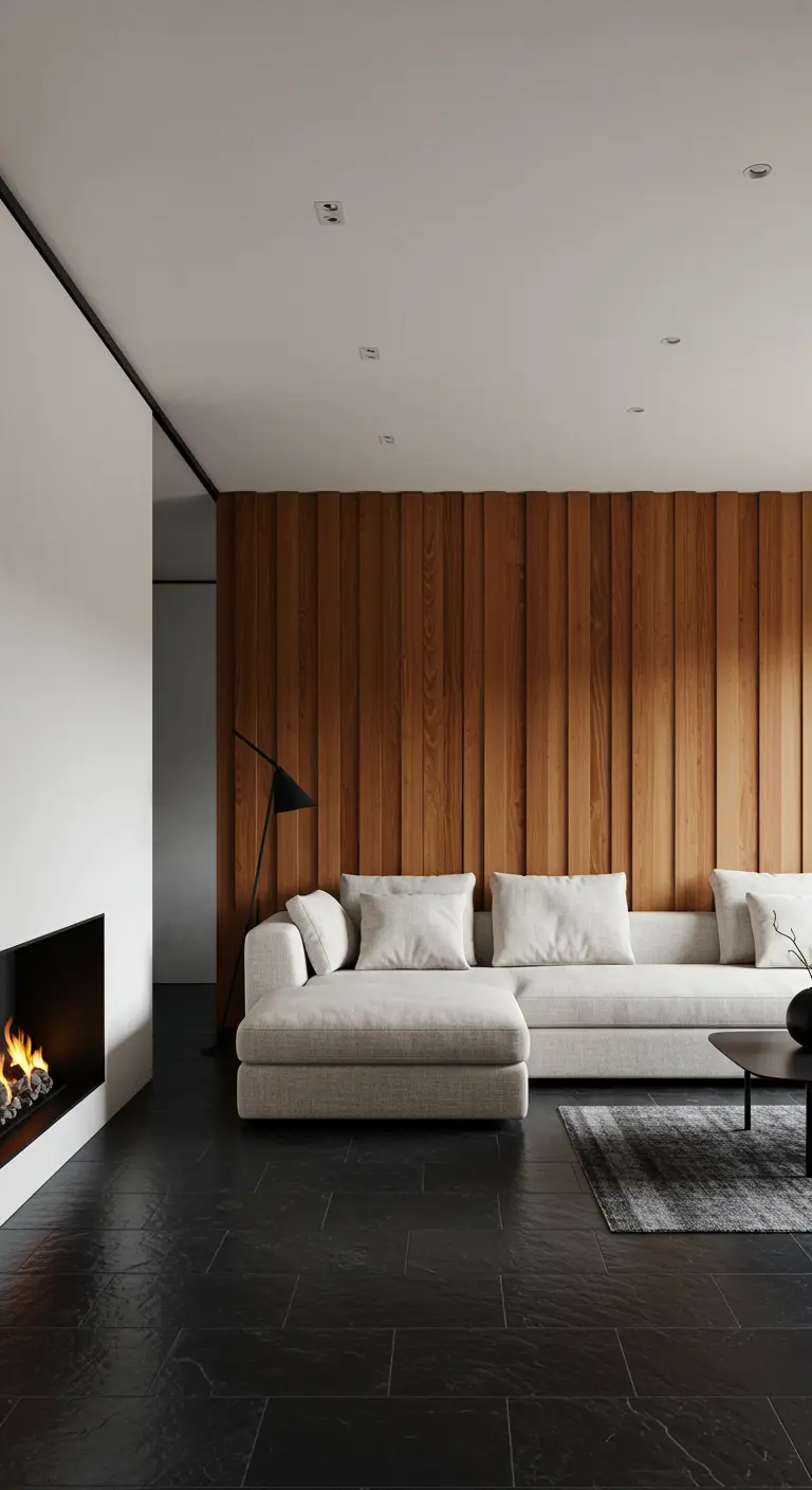 Salon contemporain avec un grand mur en lattes de bois, canapé d'angle beige et sol noir.