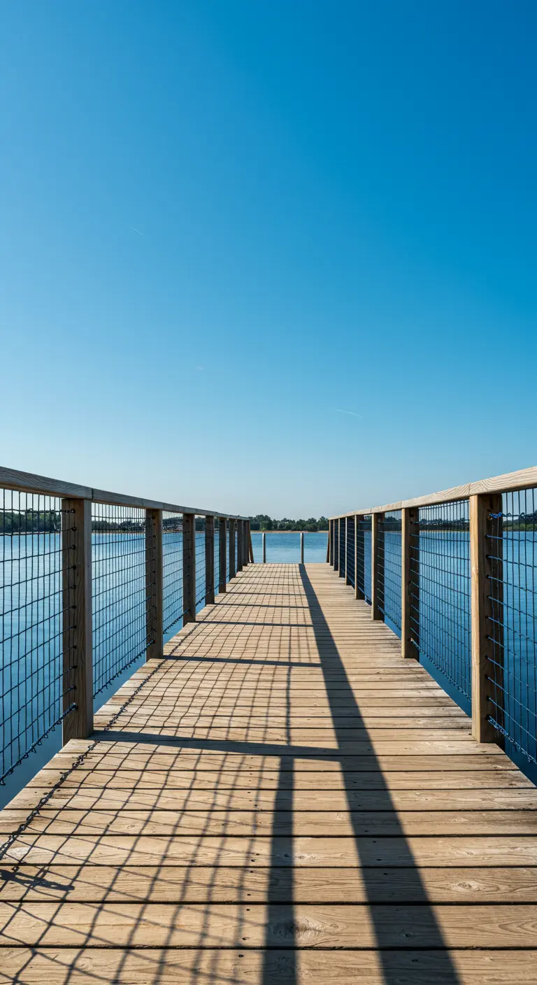 Longue passerelle en bois avec garde-corps en filet métallique, s'étendant sur un lac sous un ciel bleu clair.