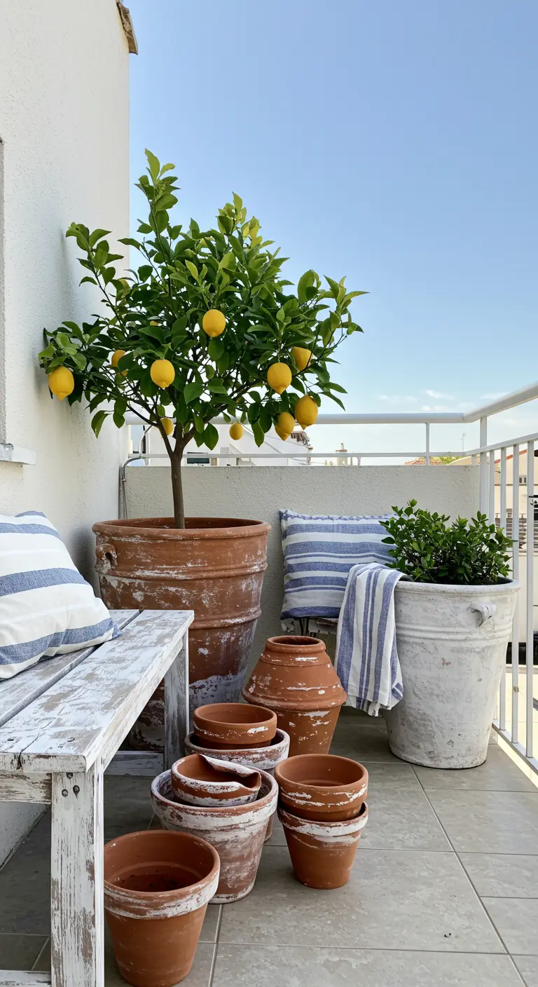 Banc en bois blanc vieilli, coussins rayés et collection de pots en terre cuite sur un balcon.