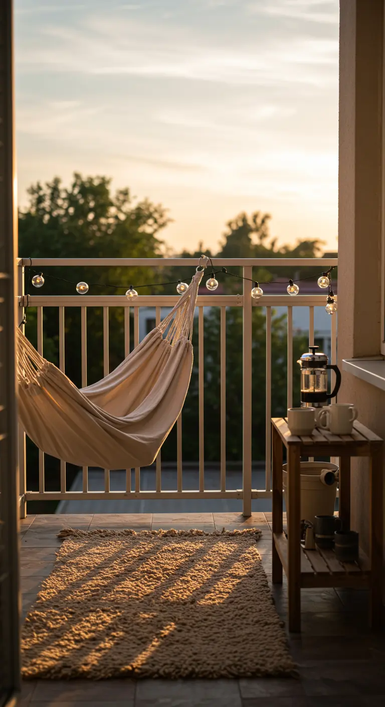 Balcon simple avec hamac, petite table en bois et cafetière au coucher du soleil.