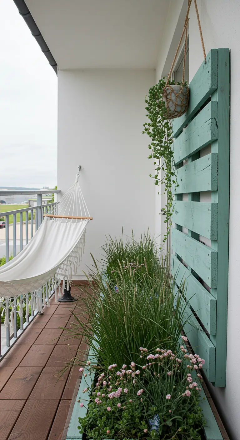 Balcon avec un hamac, une palette vert menthe en guise de décor et de hautes herbes.