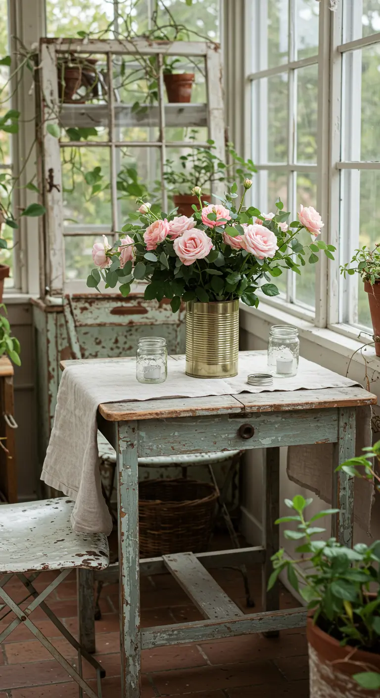 Bouquet de roses roses dans une boîte de conserve sur une table en bois vieilli.