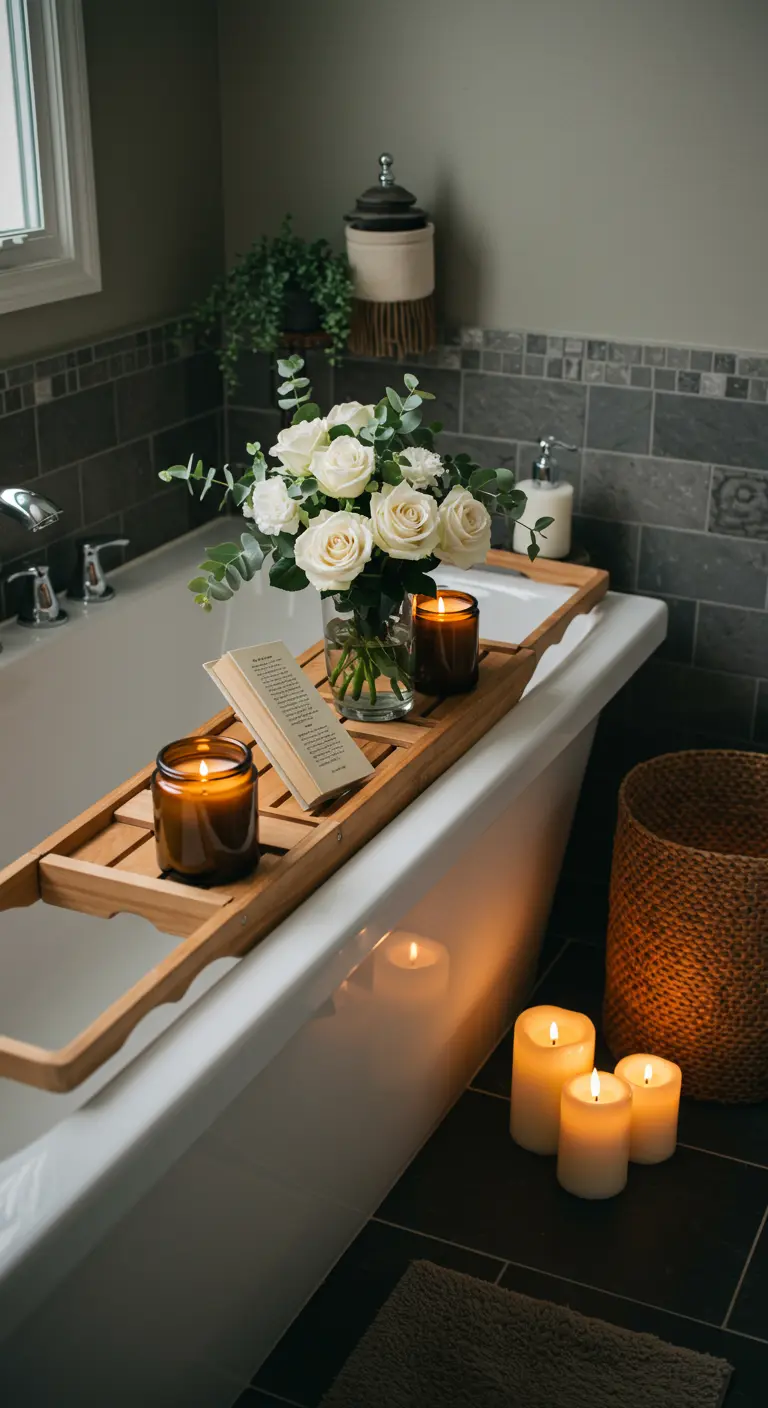 Pont de baignoire en bois avec bouquet de roses, livre et bougies parfumées.