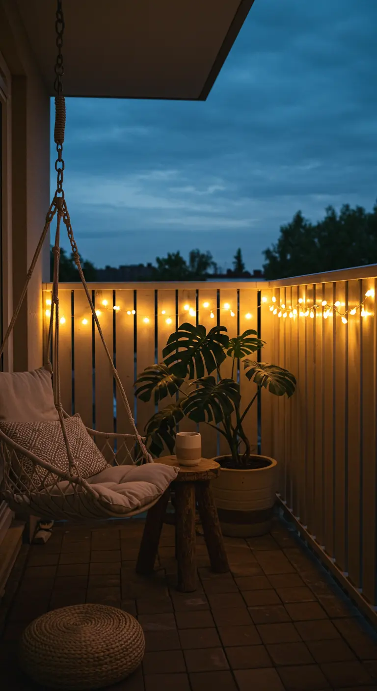 Balcon simple et apaisant avec un fauteuil suspendu, une plante Monstera et des lumières.