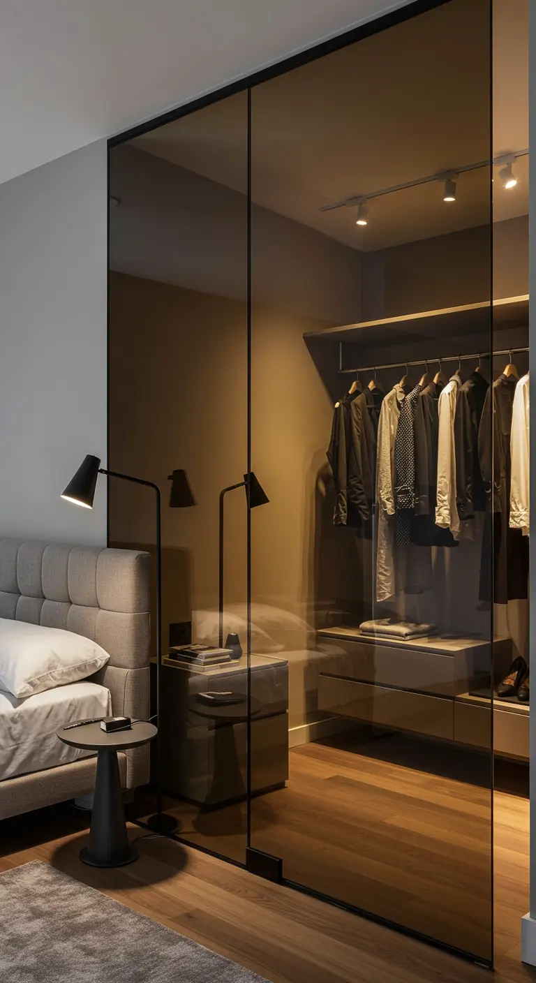Chambre avec dressing derrière une paroi de verre fumé éclairé de l'intérieur.