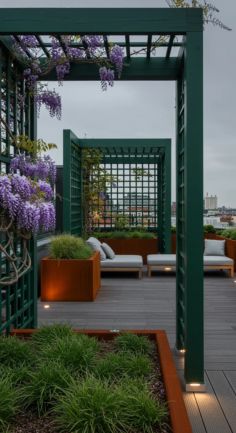 Toit-terrasse moderne avec une pergola verte foncée en treillis et une glycine violette, des jardinières en acier Corten.