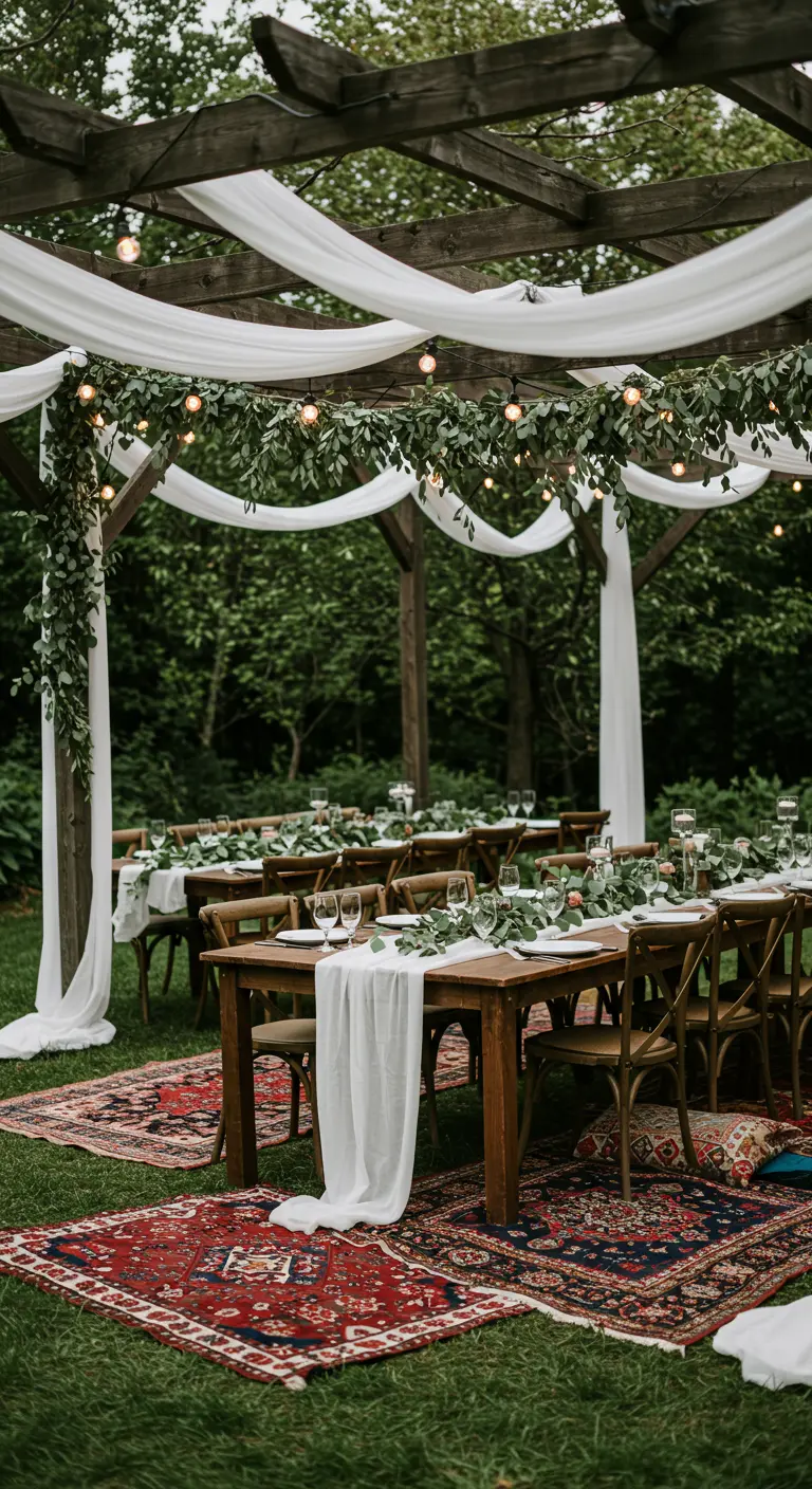 Réception sous pergola avec voiles blancs, guirlandes lumineuses, guirlandes d'eucalyptus, tables en bois et tapis orientaux.