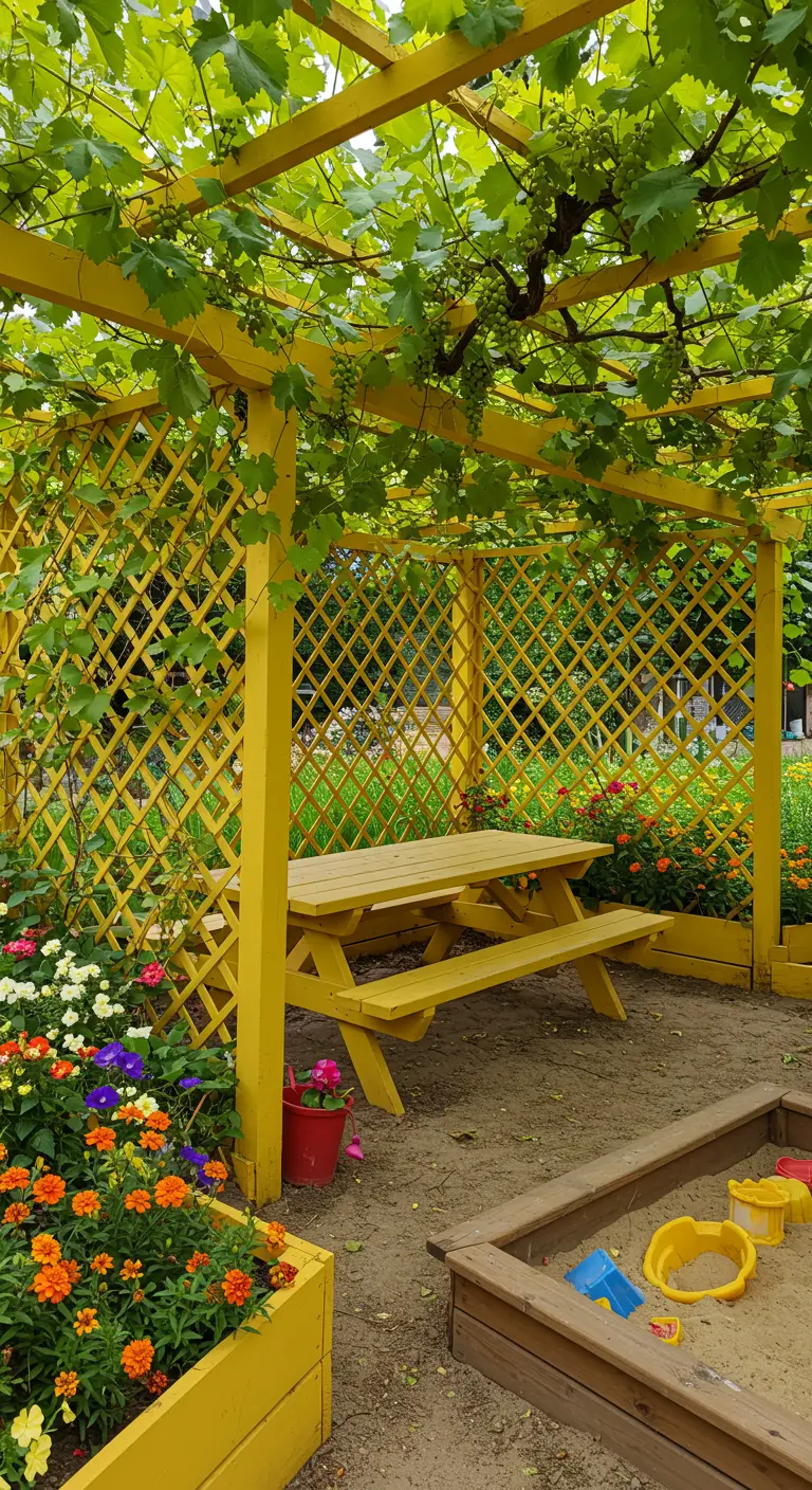 Pergola de jardin jaune vif avec treillis et table de pique-nique assortie, entourée de fleurs et d'un bac à sable.