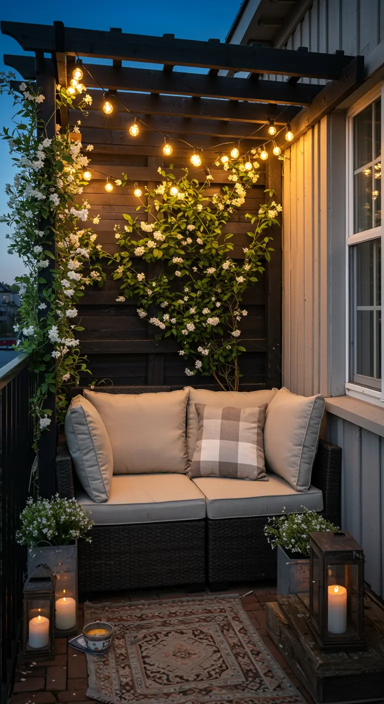 Petite pergola en bois sur un balcon, couverte de fleurs blanches et de guirlandes.