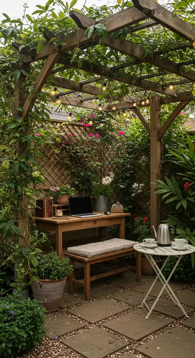 Bureau sous une pergola fleurie avec guirlandes lumineuses, table en bois et banc avec coussin.