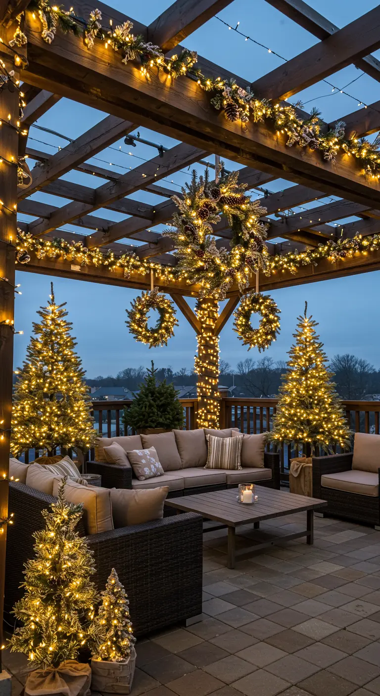 Pergola en bois décorée de guirlandes lumineuses, couronnes et sapins éclairés.