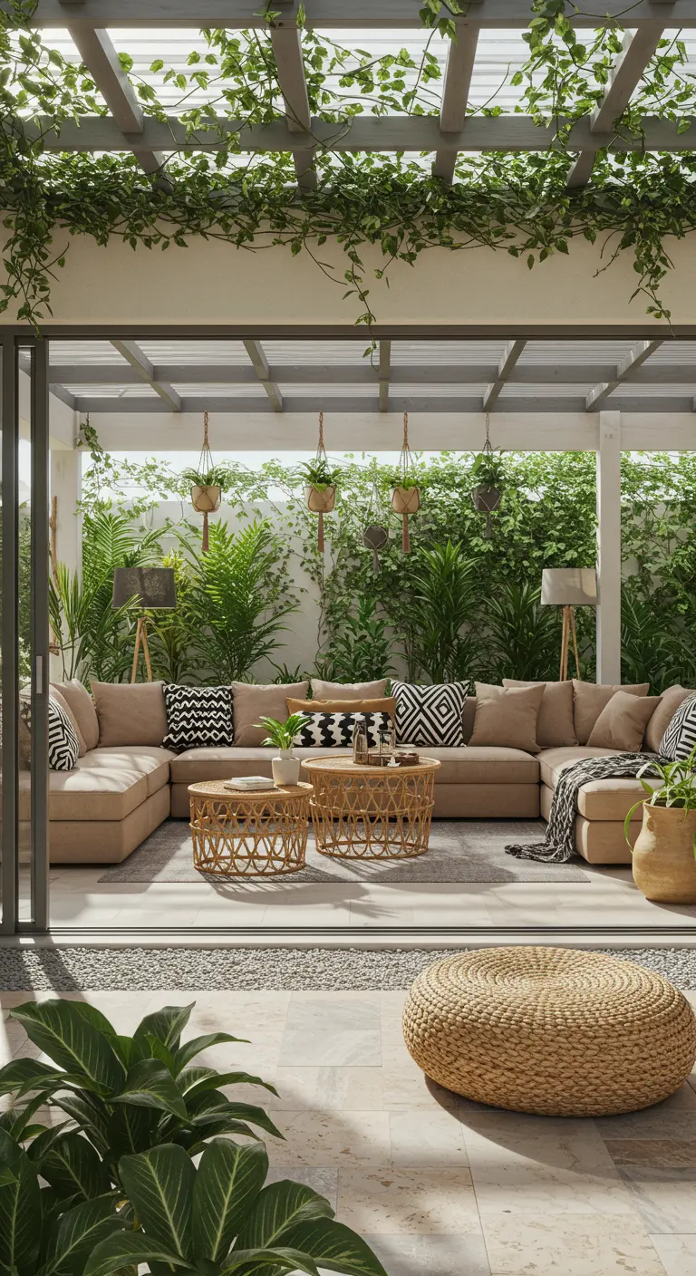 Terrasse couverte avec canapé d'angle beige, tables en rotin et pergola envahie de verdure.