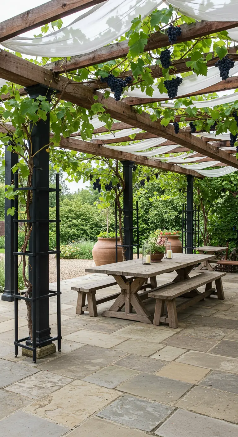 Pergola en bois sombre et métal avec vigne grimpante et raisins mûrs, table de pique-nique en bois dessous.