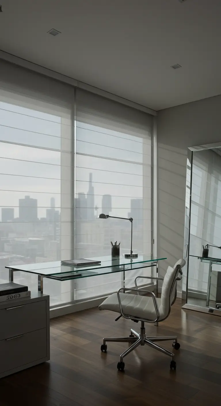 Bureau en verre et chrome dans un appartement moderne avec vue sur la ville.