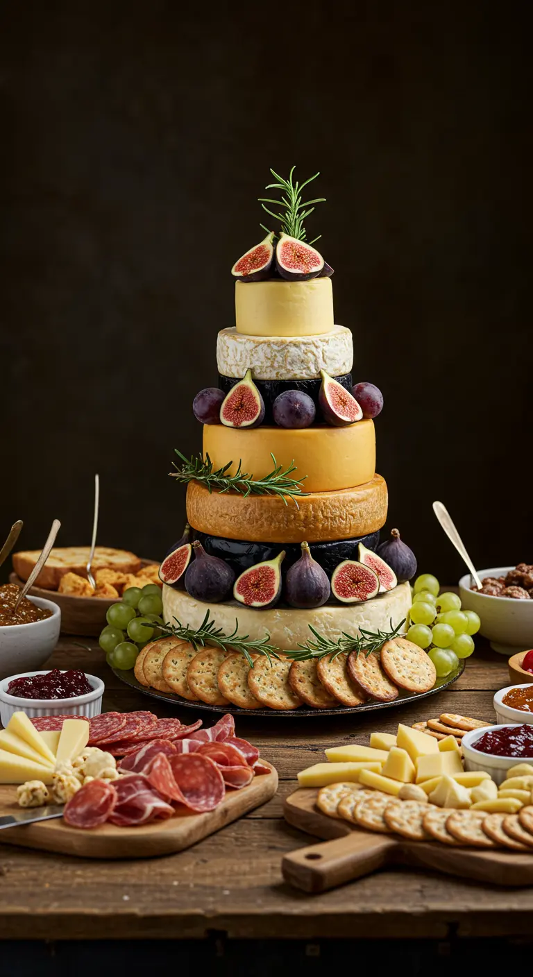Gâteau à étages fait de différentes meules de fromage.