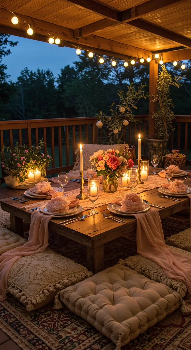 Table basse en bois pour un dîner bohème, avec des serviettes pliées en pivoines.