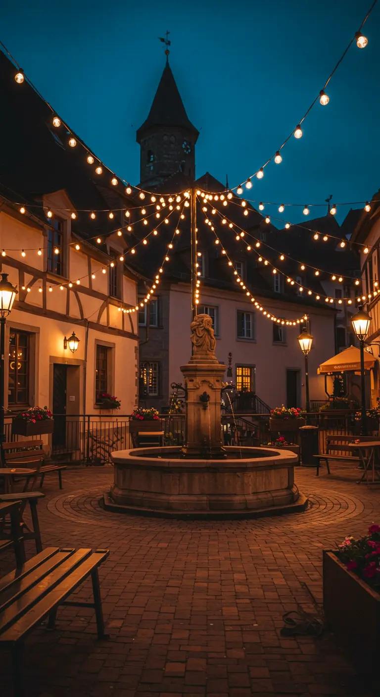 Place de village éclairée par des guirlandes lumineuses partant d'un poteau central vers les bâtiments environnants.