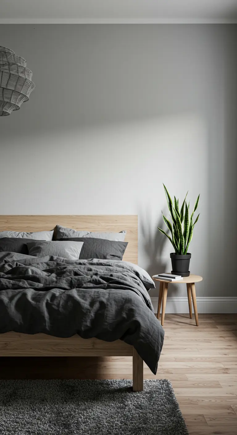 Plante Sansevieria dans un pot noir à côté d'un lit en bois, dans une chambre minimaliste.
