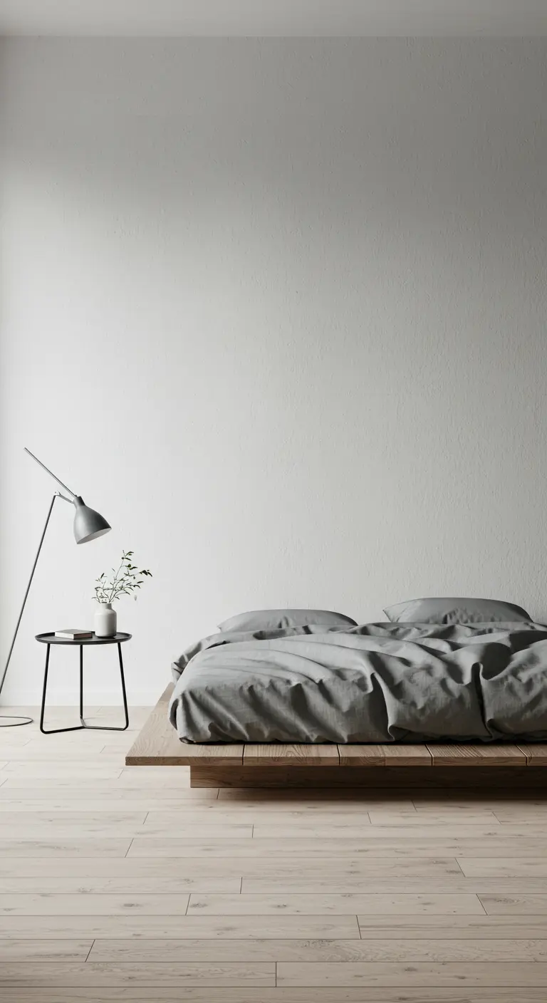 Lit sur une plateforme en bois très basse dans une chambre blanche et minimaliste.