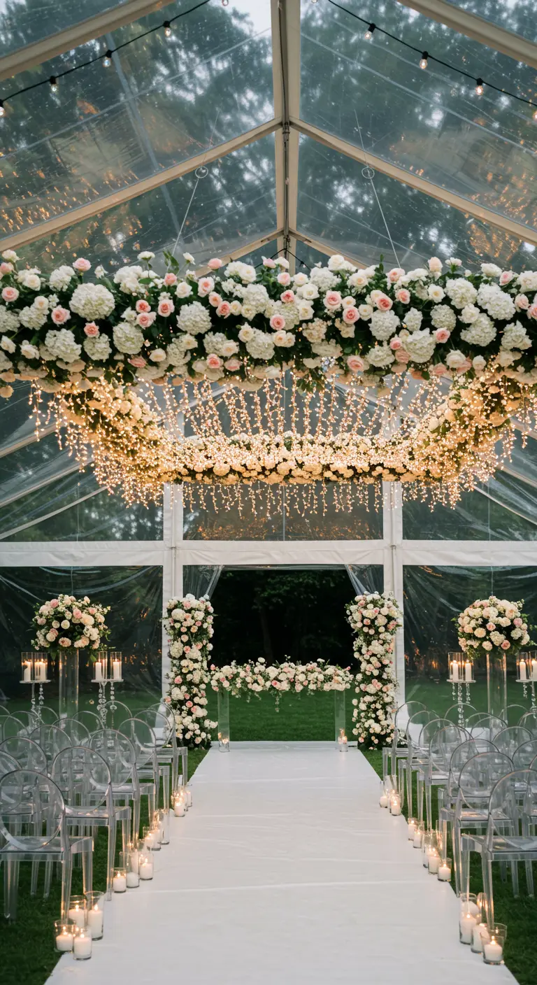 Installation florale suspendue au plafond d'une tente transparente, avec une cascade de lumières.