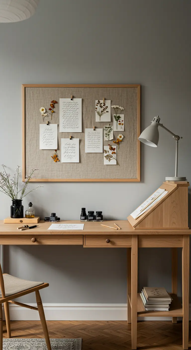 Bureau de calligraphe avec un moodboard en lin, fleurs séchées et encres.
