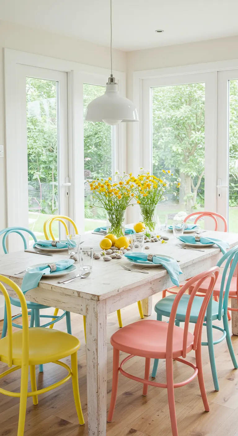 Coin repas lumineux avec table blanche, chaises colorées et bouquets de fleurs jaunes.