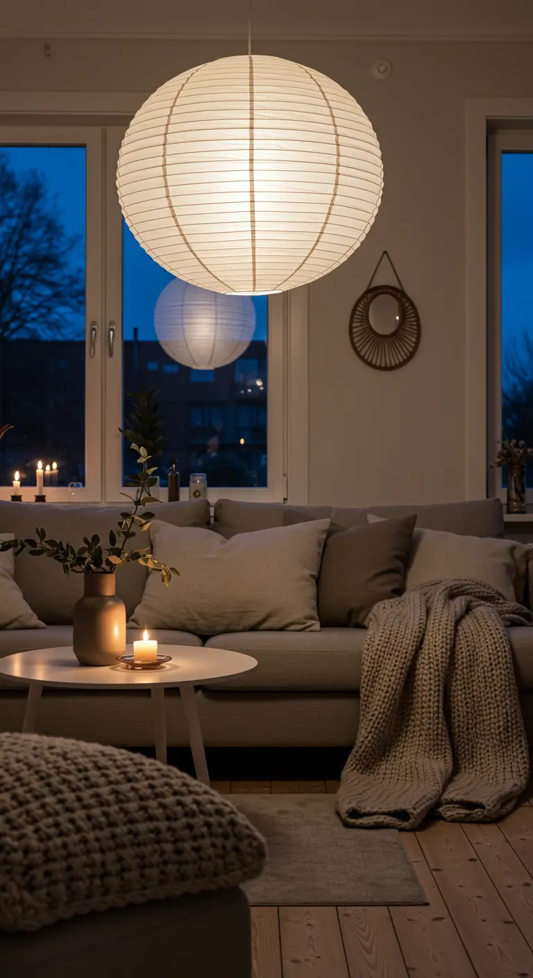 Une grande suspension sphérique en papier de riz dans un salon scandinave.