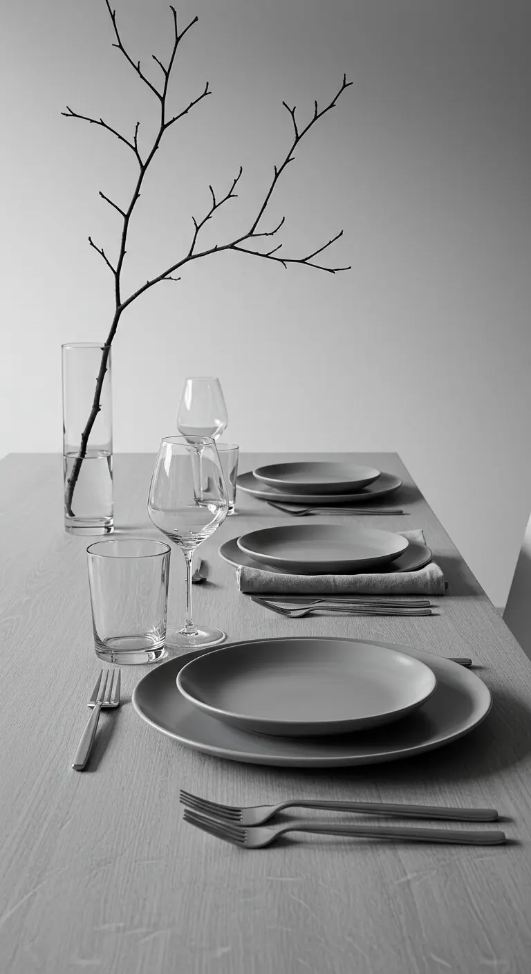 Table minimaliste monochrome avec une branche d'arbre dans un vase en verre.