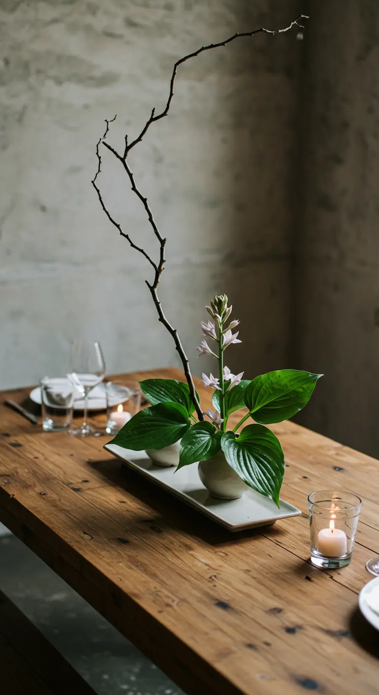 Arrangement de style Ikebana avec une branche, des feuilles et des fleurs sur une table en bois.