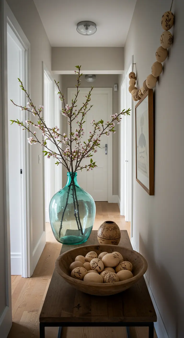 Entrée avec un grand vase de branches de cerisier en fleurs et une guirlande en bois.