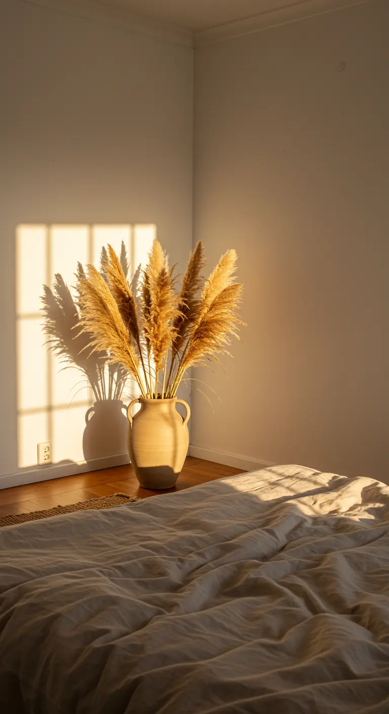 Grand vase avec des herbes de la pampa baigné dans la lumière dorée du soir près d'un lit.