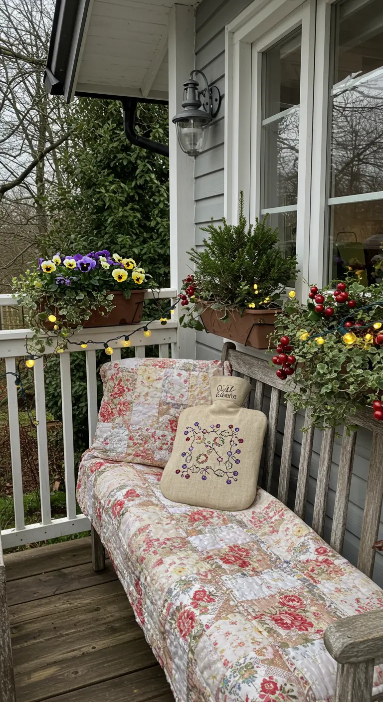 Banc avec un quilt en patchwork, une bouillotte brodée et des jardinières.
