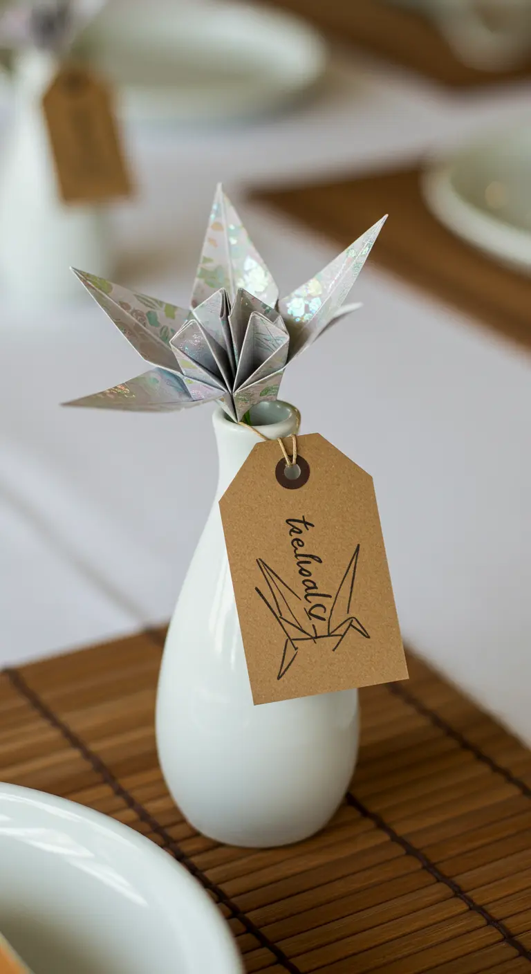 Vase blanc avec une fleur en origami et une étiquette dessinée.