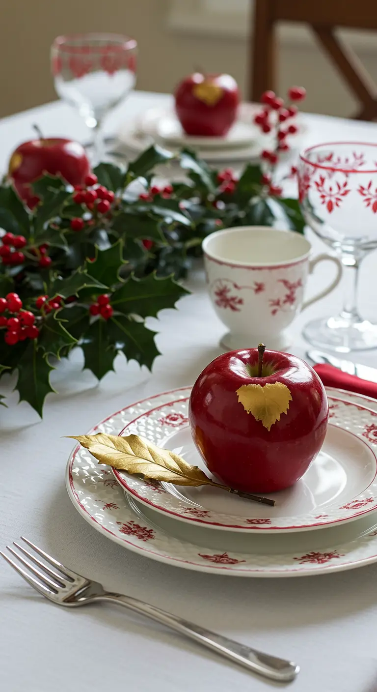 Pomme rouge décorée d'une feuille d'or, posée sur une assiette de fête.