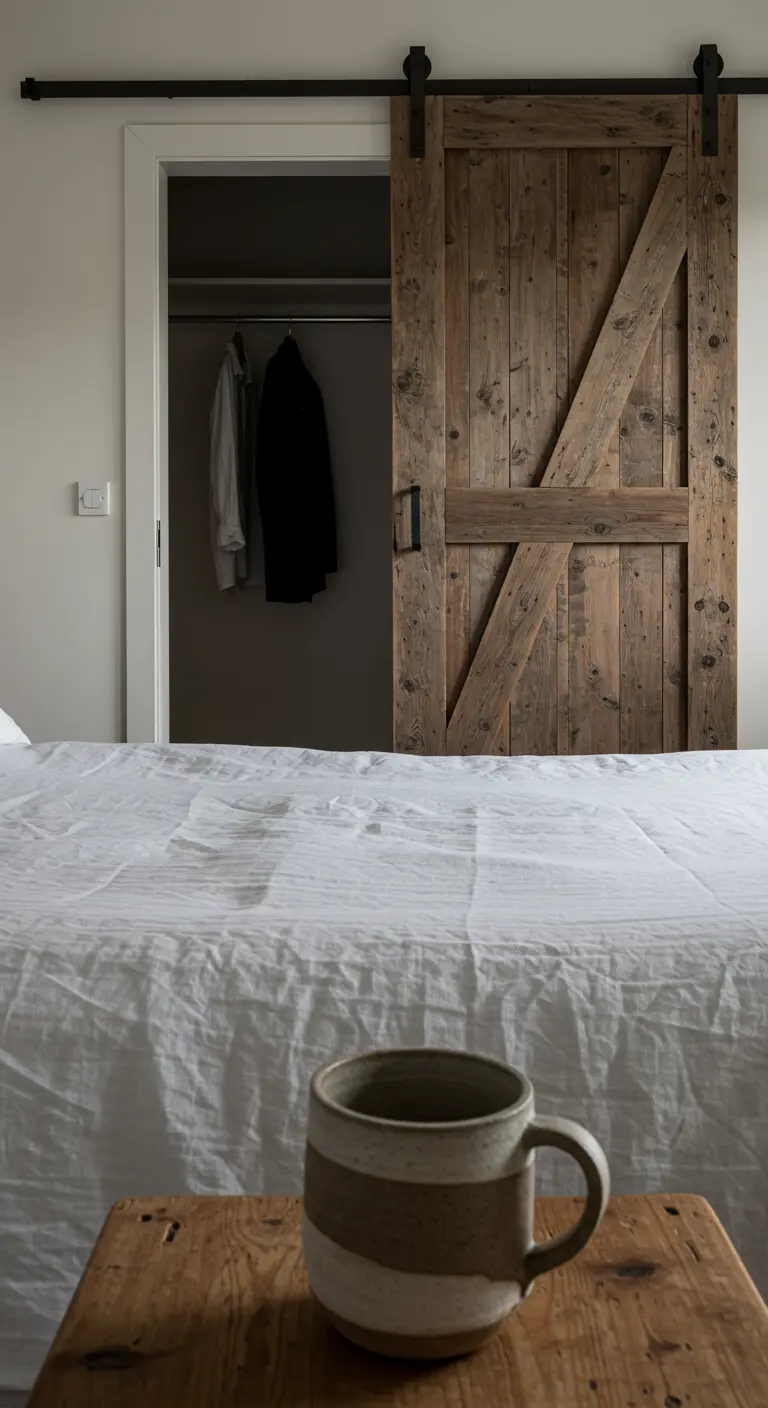 Porte de placard coulissante de style grange en bois brut dans une chambre.