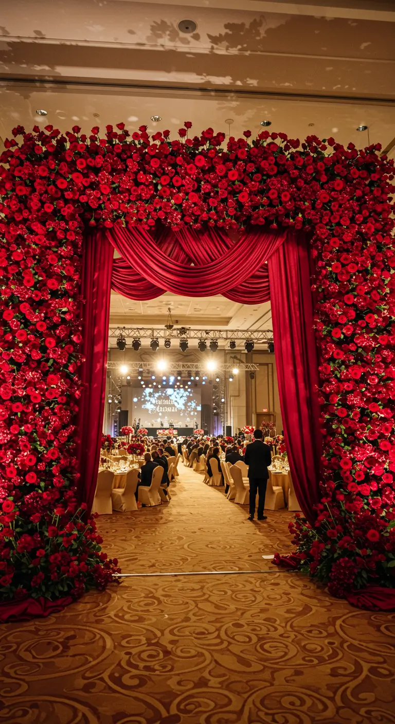 Arche monumentale entièrement recouverte de roses rouges à l'entrée d'une grande salle de bal.