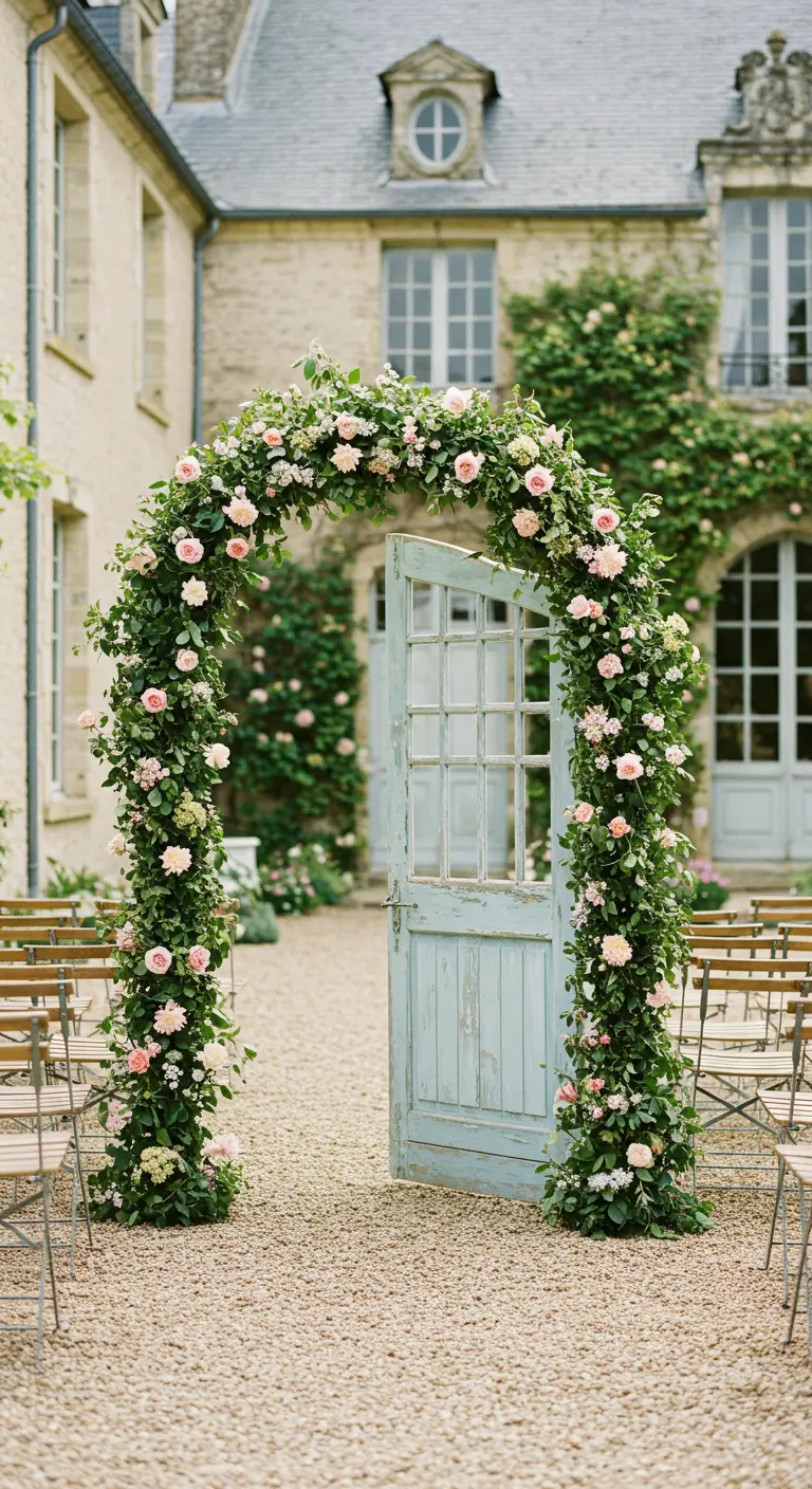 Arche de roses roses encadrant une vieille porte en bois bleue dans une cour.
