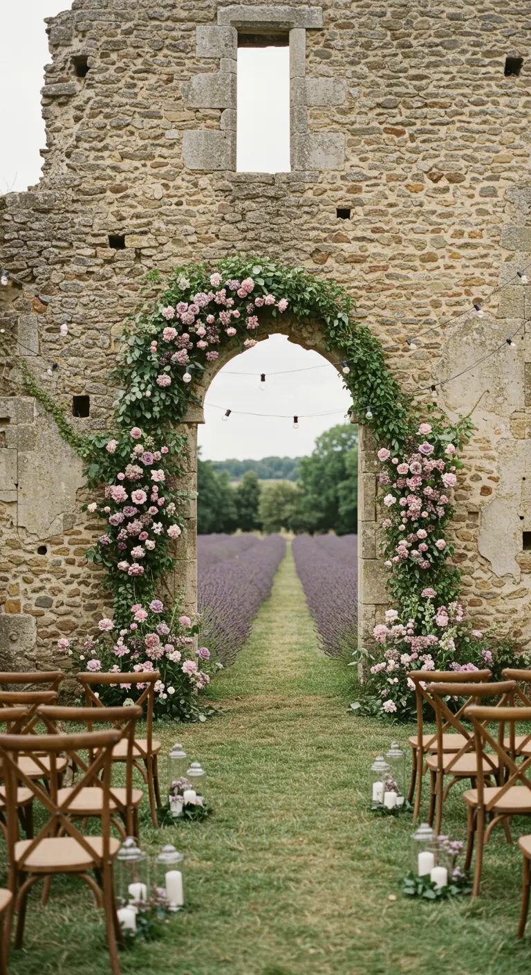 Arche de pierre naturelle recouverte de roses, s'ouvrant sur un champ de lavande.