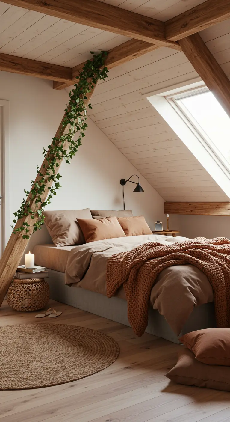 Chambre mansardée avec poutres en bois, lierre grimpant et textiles chauds.