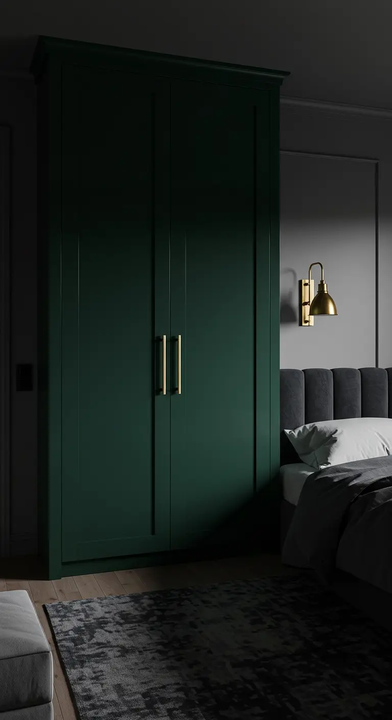 Armoire haute peinte en vert forêt mat avec des poignées rectangulaires en laiton.