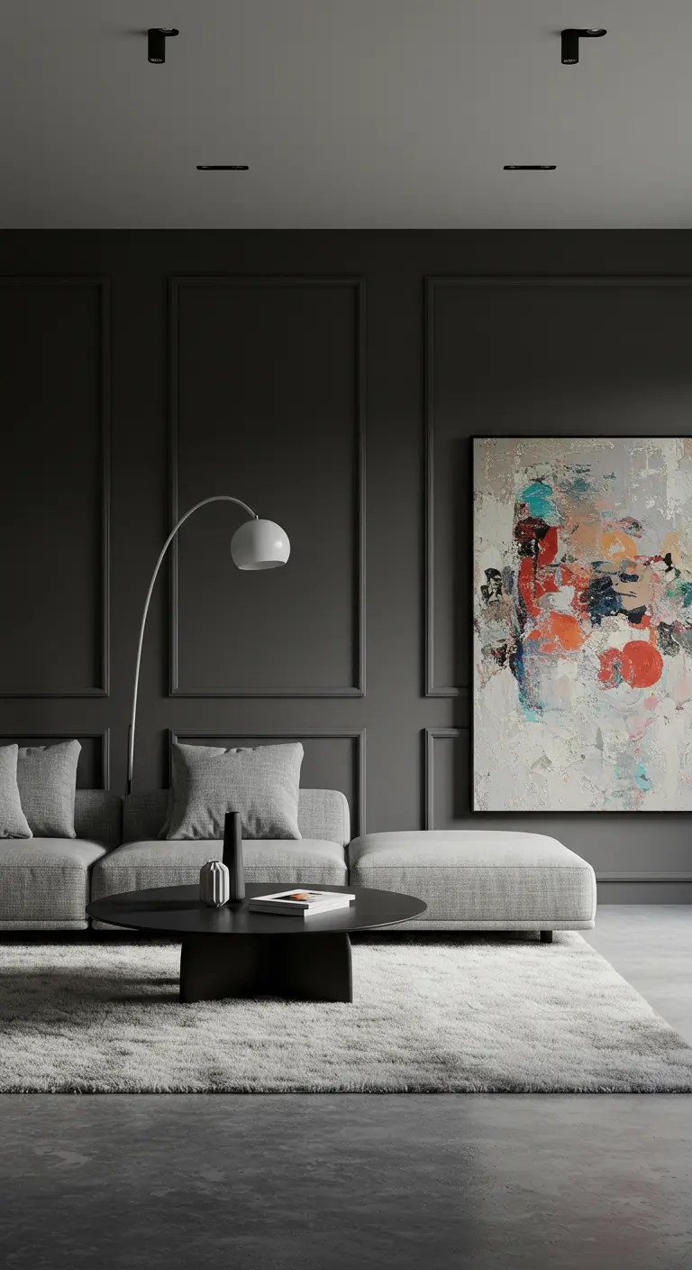 Salon minimaliste avec murs gris anthracite et moulures ton sur ton.