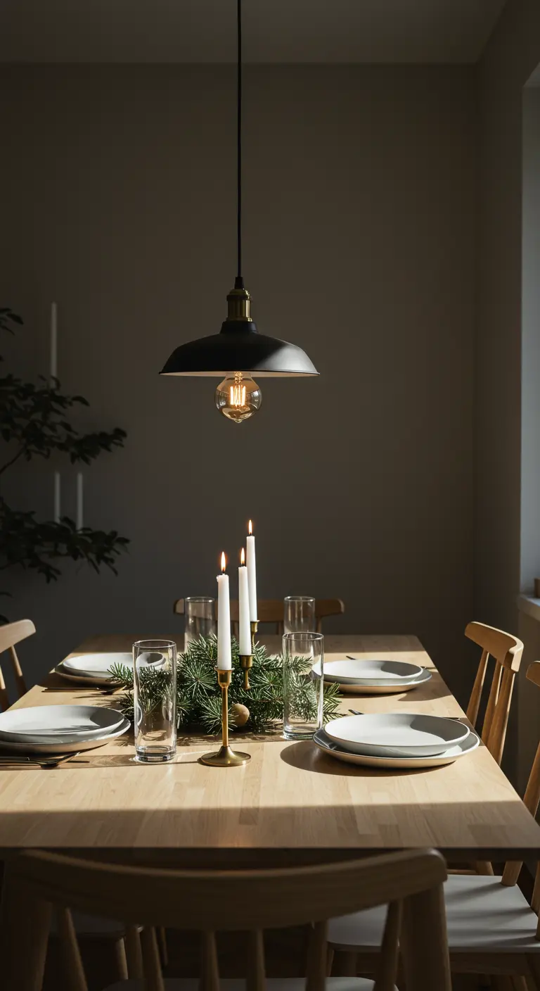 Table scandinave minimaliste avec des verres simples, des bougies et une suspension noire.